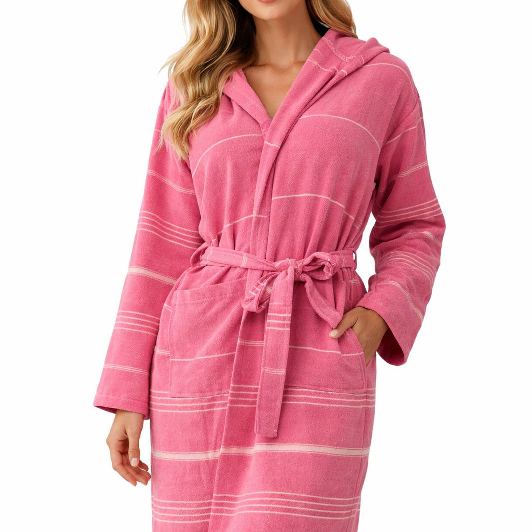 Damen Bademantel SULTAN in Pink – leichter, weich gewebter Baumwollmantel mit Kapuze, Gürtel und Streifenmuster