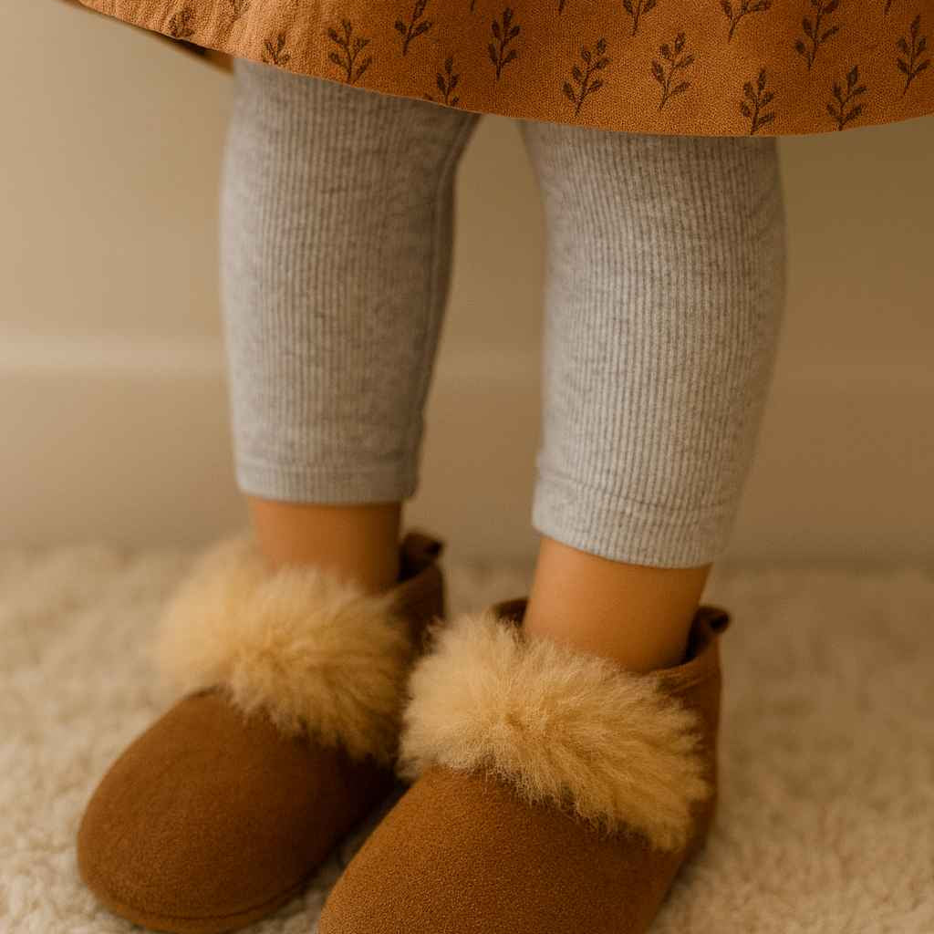 Kinder Lammfell - Hausschuhe in Hellbraun – warm, weich & handgefertigt - DENIO