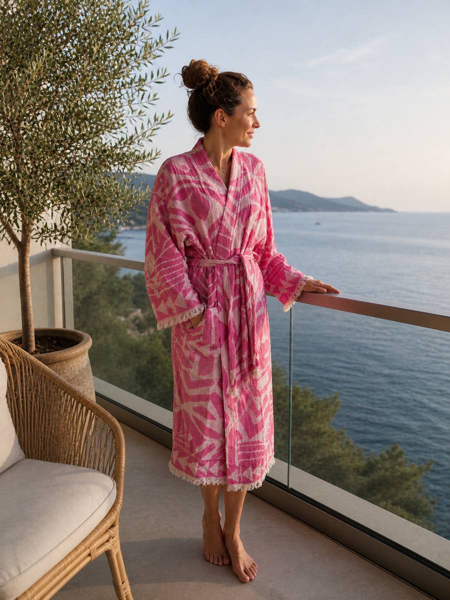 Eine Frau steht am Balkon mit Blick ans Meer und trägt einen Leichten Bademantel in Pink