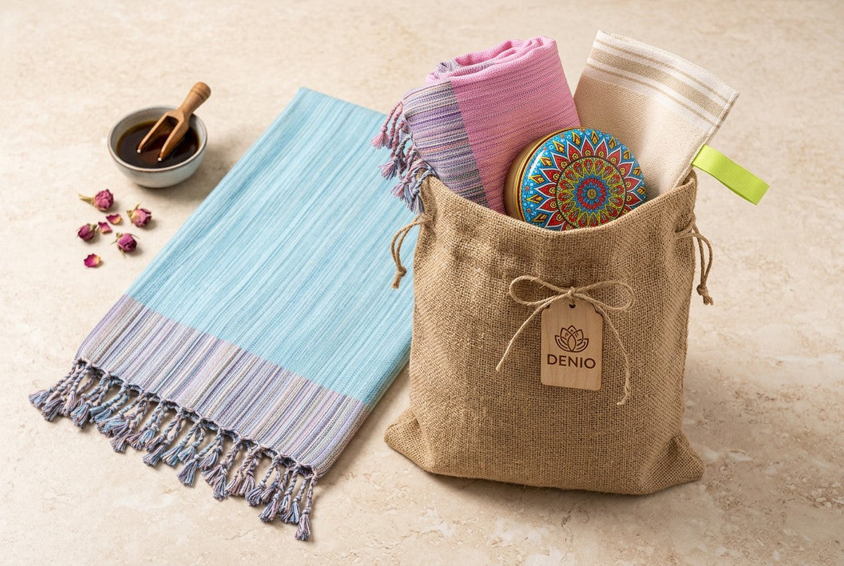 Hamamtuch aus 100 % Baumwolle in Rot mit feinem Fischgrätmuster und weißen Fransen, kombiniert mit weißer Peeling Handschuh und hellblauer Naturseife – stilvolles Wellness- und Reiseaccessoire von DENIO Home.