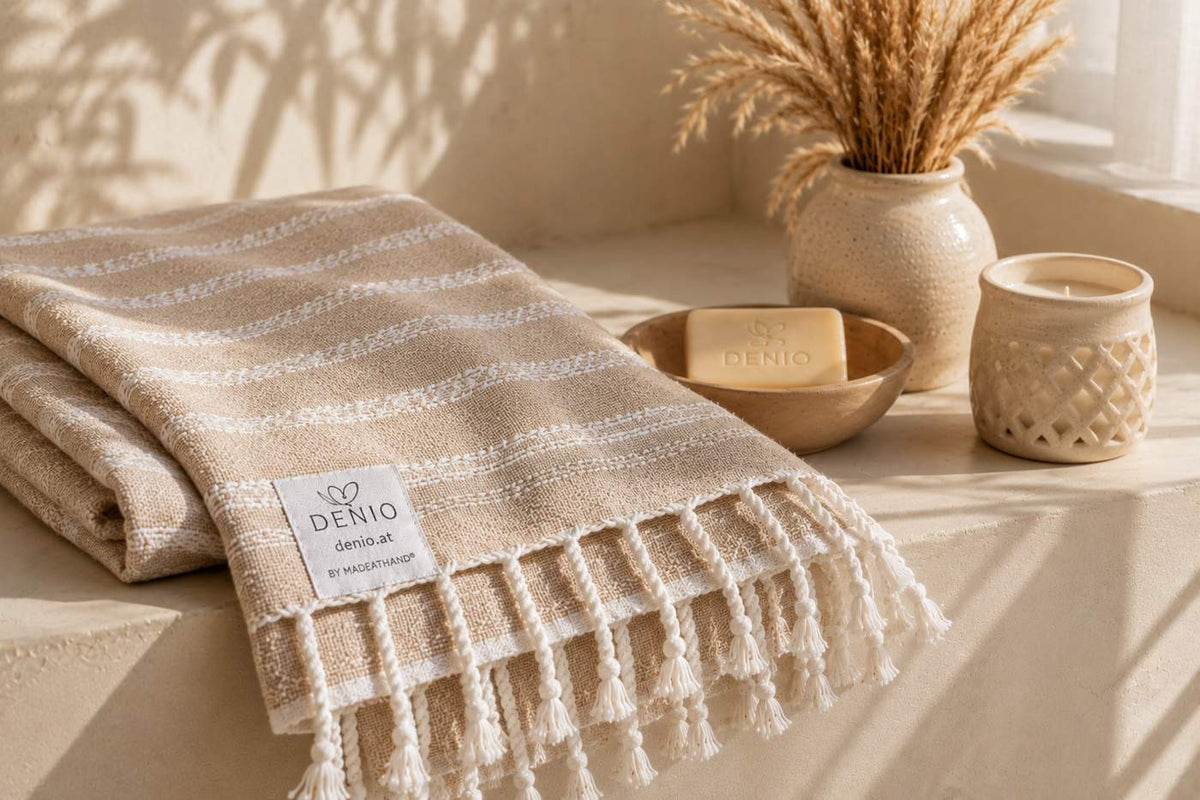 Hamamtuch aus hochwertiger Baumwolle mit DENIO-Label in warmer Wellness-Atmosphäre – natürliches Design für Sauna, Reisen und Entspannung.