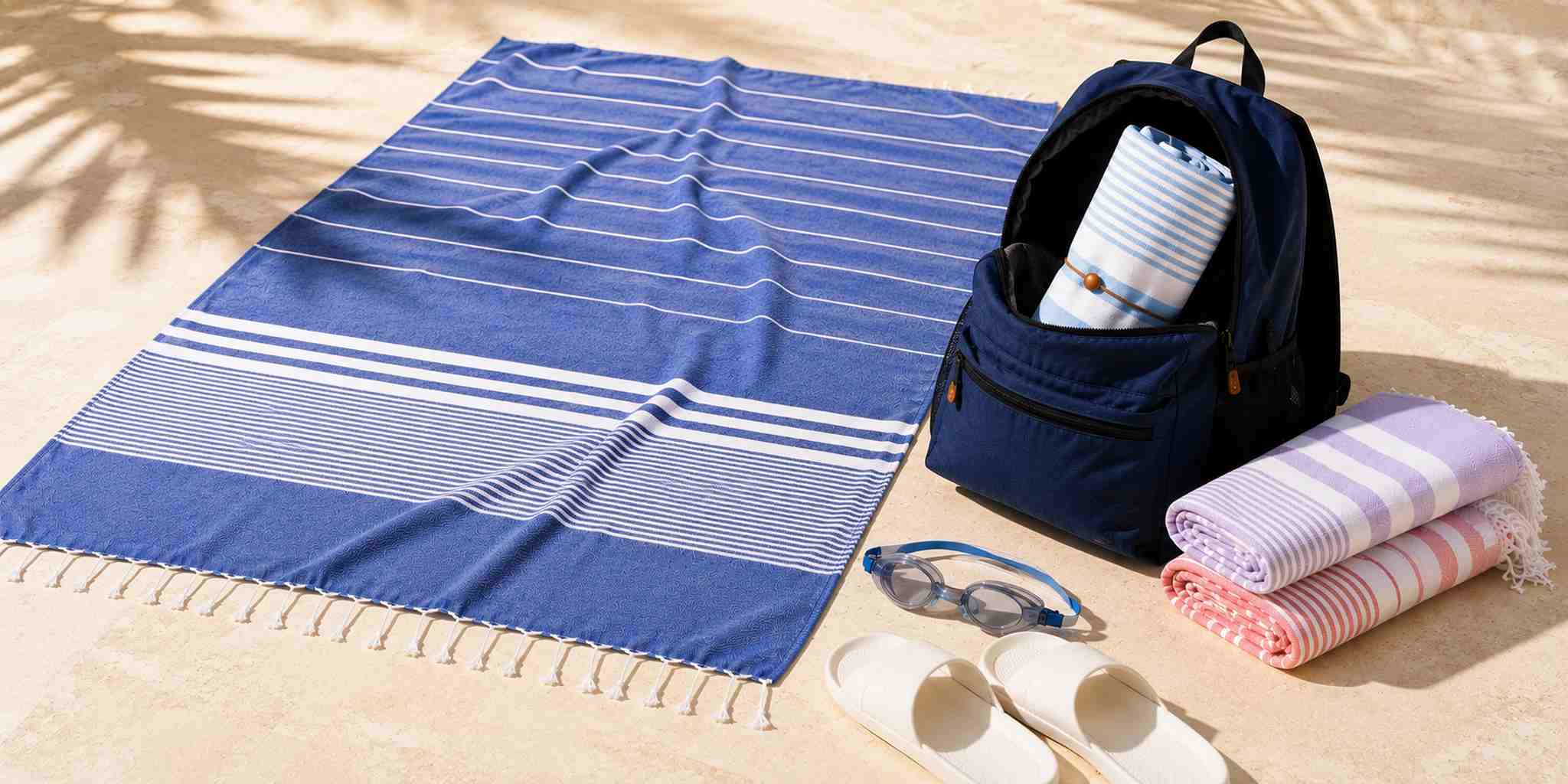 DENIO Hamamtuch 100 × 180 cm in Blau-Weiß neben Rucksack mit kompakt gerolltem Hamamtuch, Schwimmbrille und Badeschuhen.