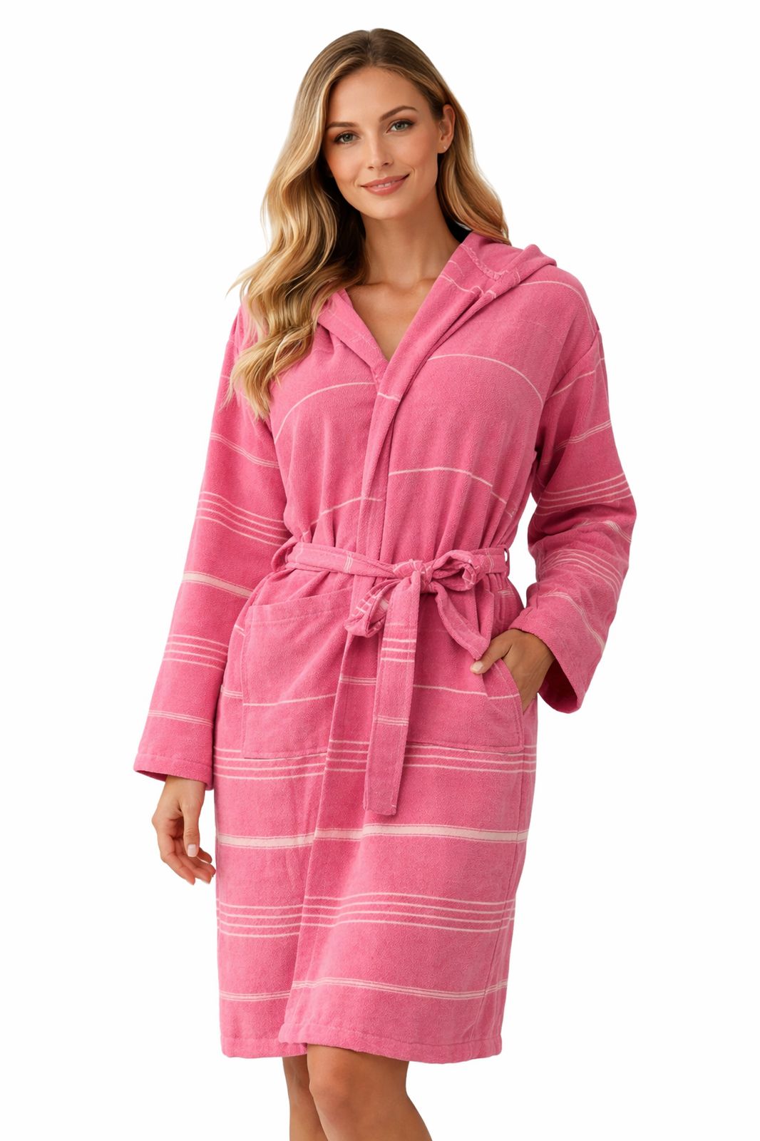 Damen Bademantel SULTAN in Pink – leichter, weich gewebter Baumwollmantel mit Kapuze, Gürtel und Streifenmuster