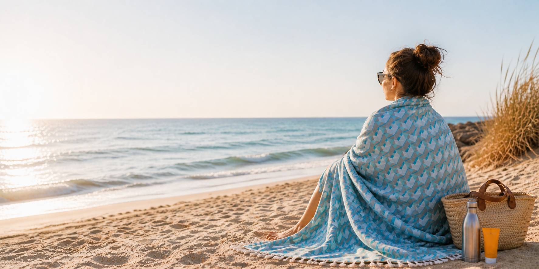 Frau am Strand mit türkis-grauem Hamamtuch von DENIO, leicht, sandfrei und ideal für Reisen und Sauna.