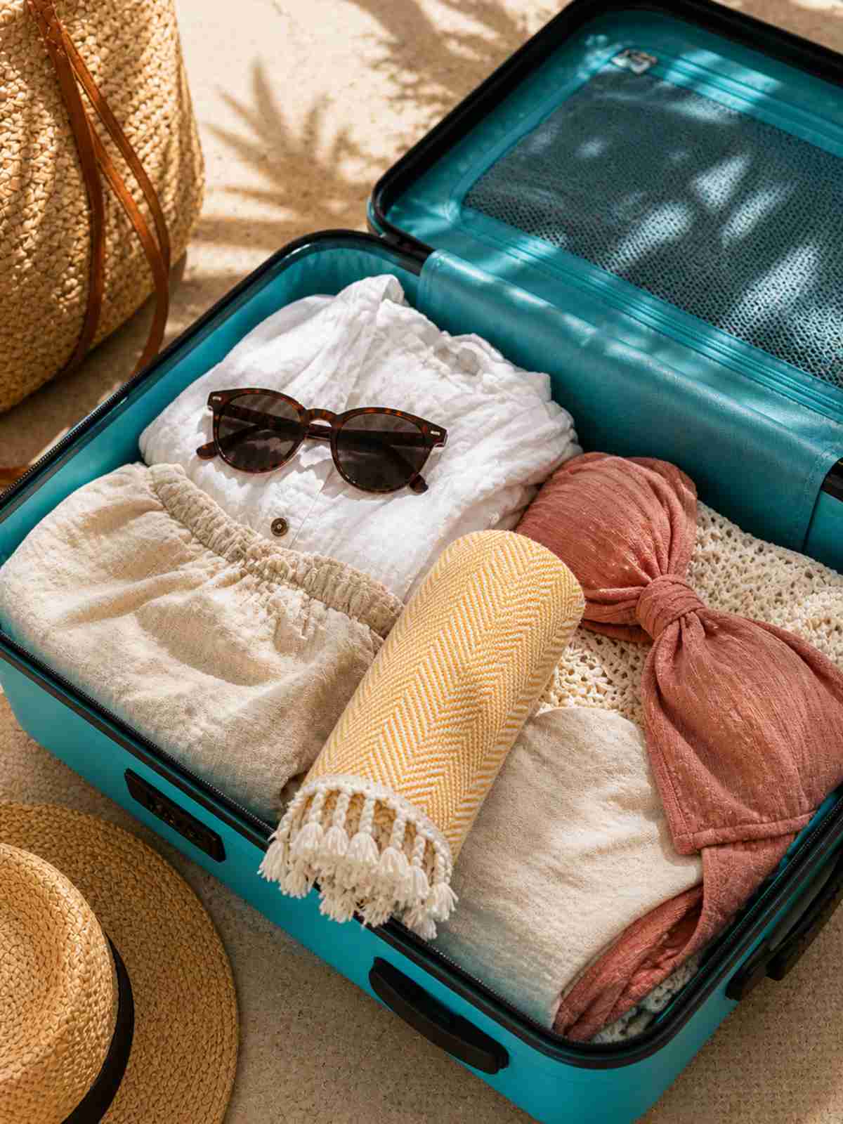 Hamamtuch aus Baumwolle platzsparend im Koffer verstaut – perfektes Reisehandtuch für Urlaub und Strand