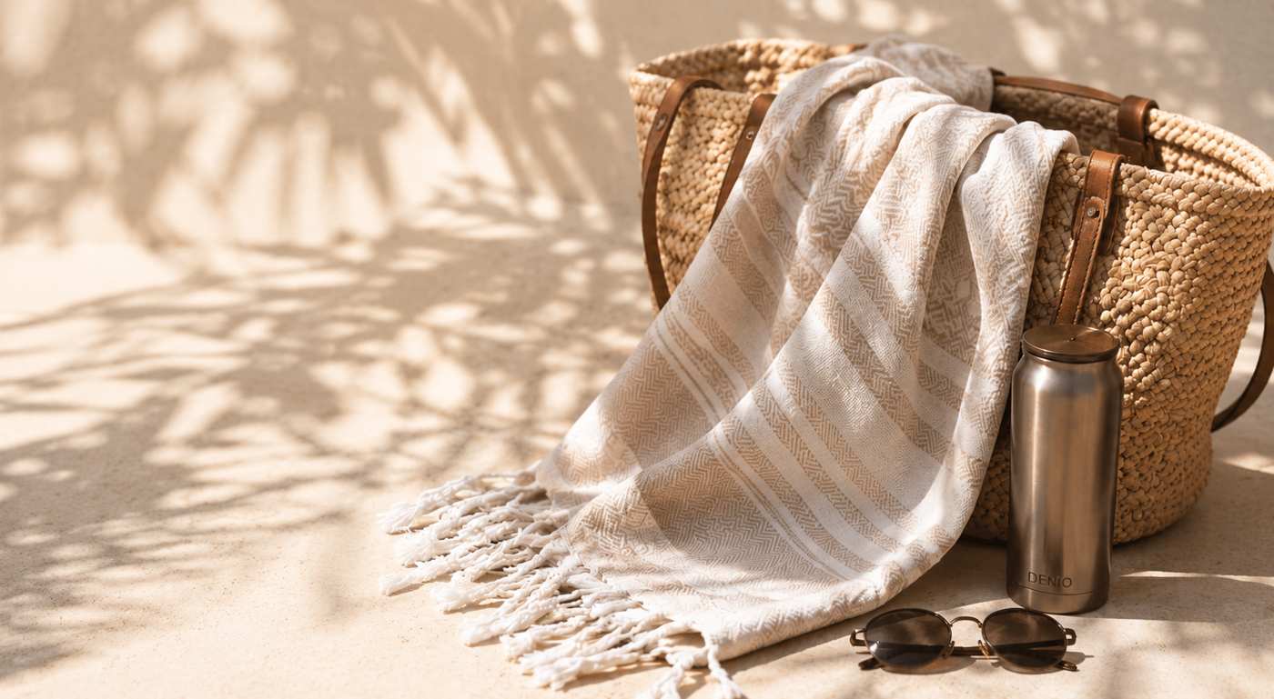 Hamamtuch aus Baumwolle mit Strandtasche und Reiseaccessoires in warmem Sonnenlicht – stilvoll für Wellness, Strand und Reisen.