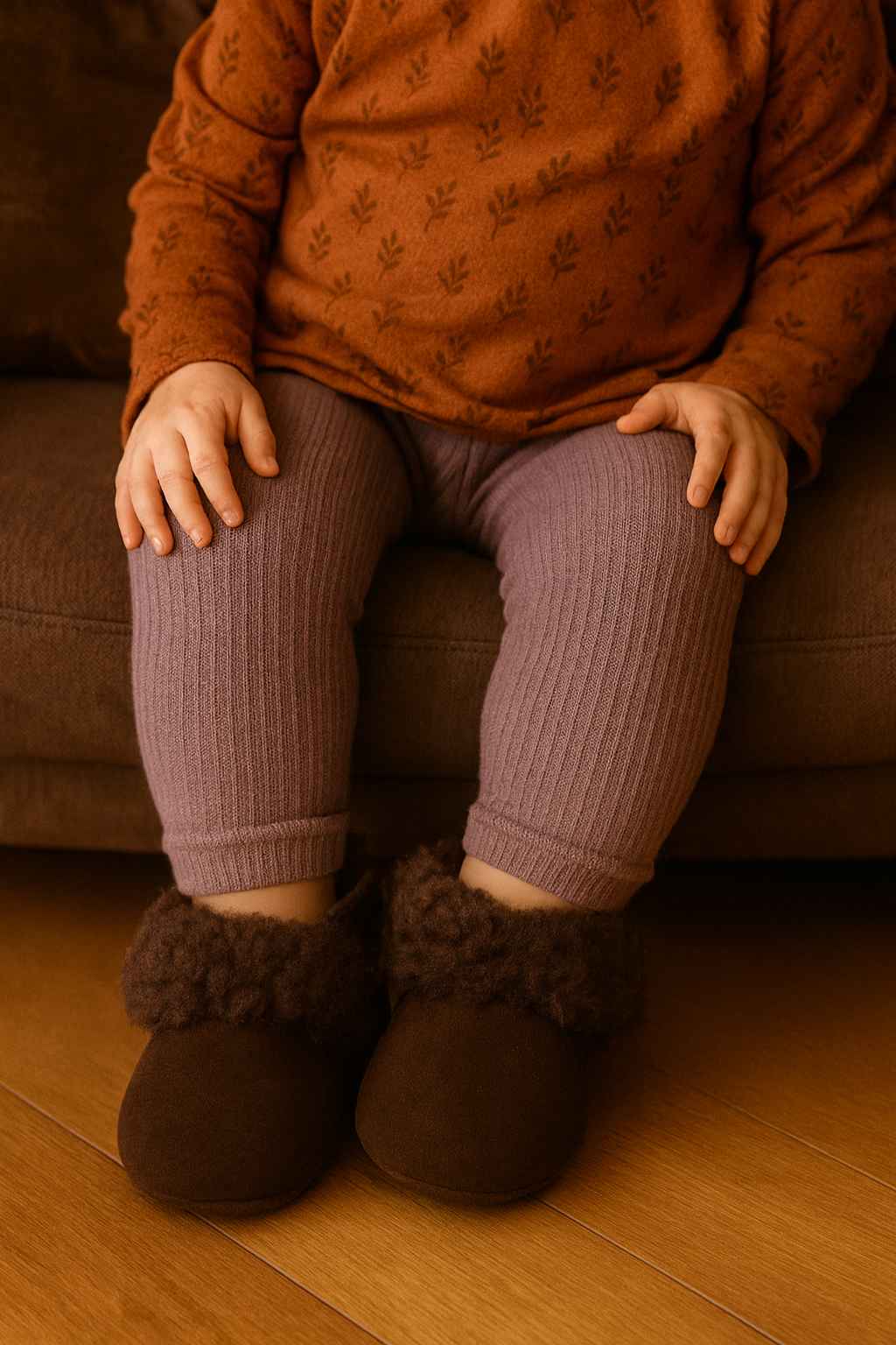 Kinder Lammfell - Hausschuhe in Dunkelbraun – warm, weich & handgefertigt - DENIO