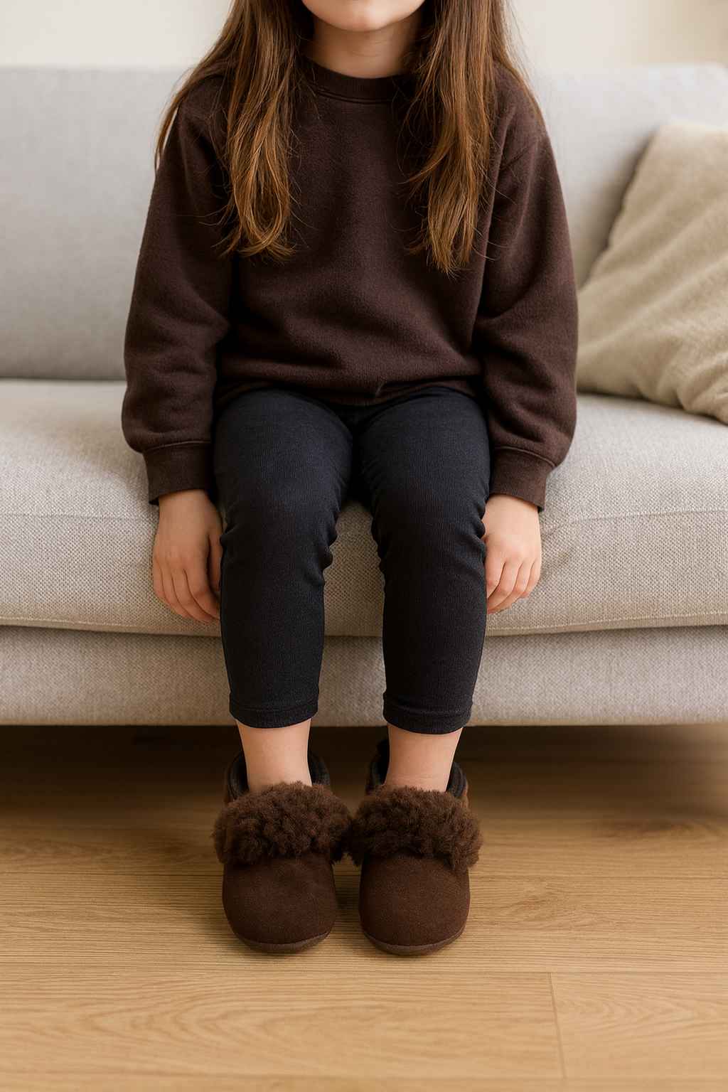 Kinder Lammfell - Hausschuhe in Dunkelbraun – warm, weich & handgefertigt - DENIO